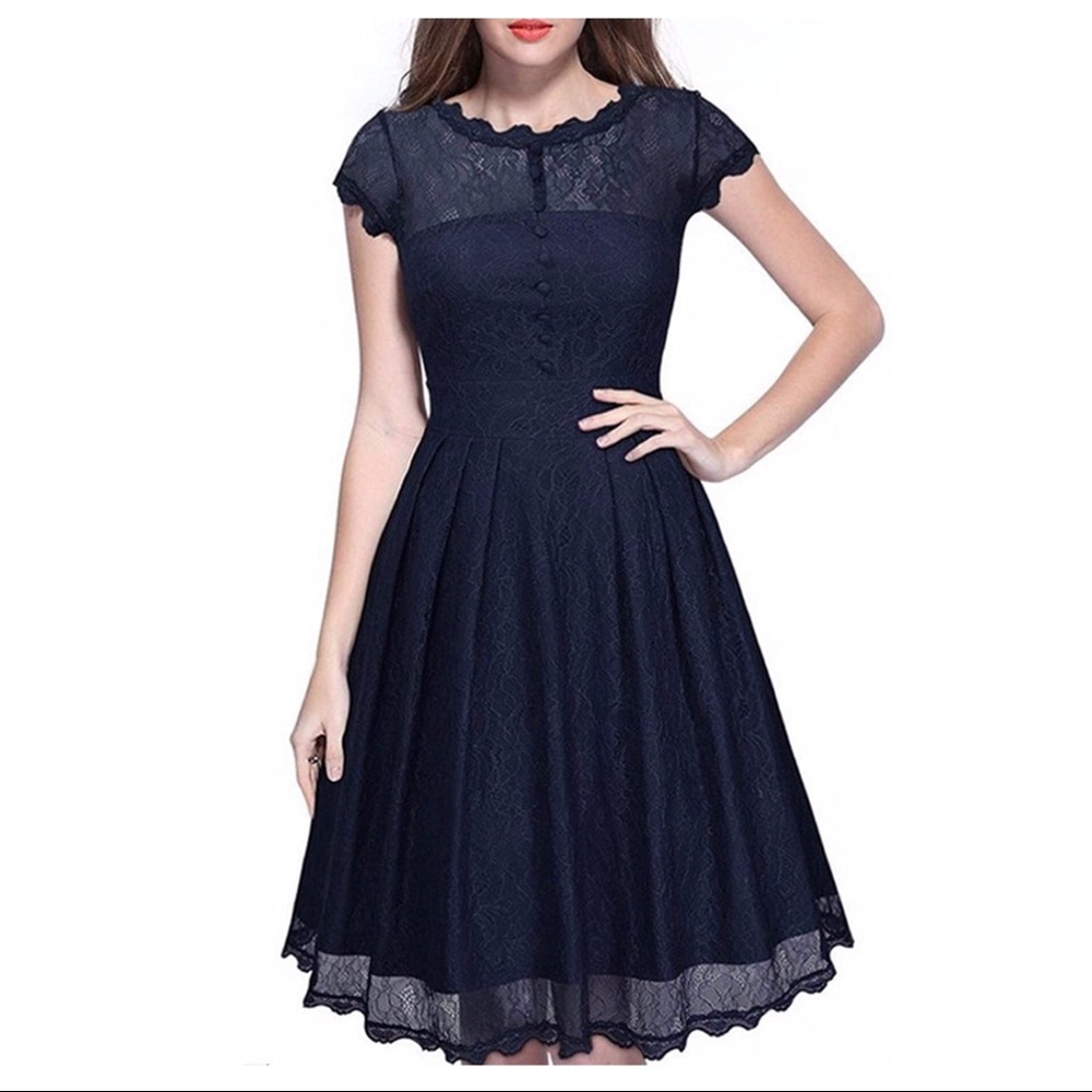 Vintage-style Cap Sleeve Navy Blue A-line Dress